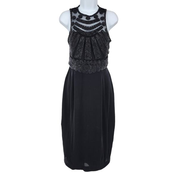 RACHEL GILBERT Women's Black Silk Cocktail Beaded Midi Length Dress Size 5/XXL - Picture 1 of 5
